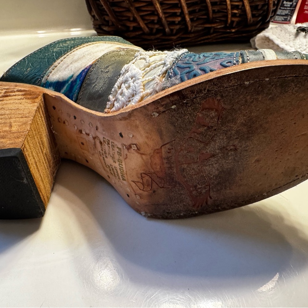freebird Teal and Olive Embossed Leather Boho Open-Toe Mules - Picture 6 of 9